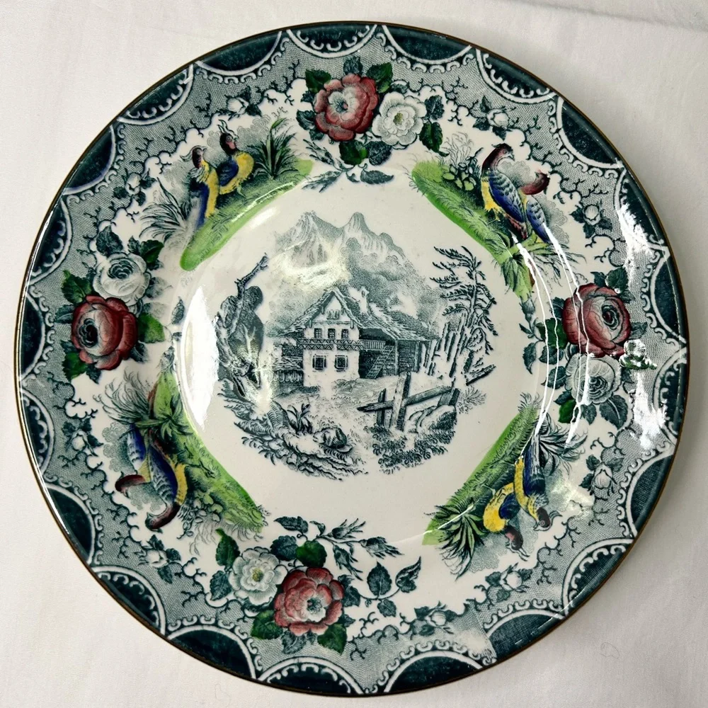 Decorative Floral Transferware Dinner Plates - Set of 2 (Red & Green)